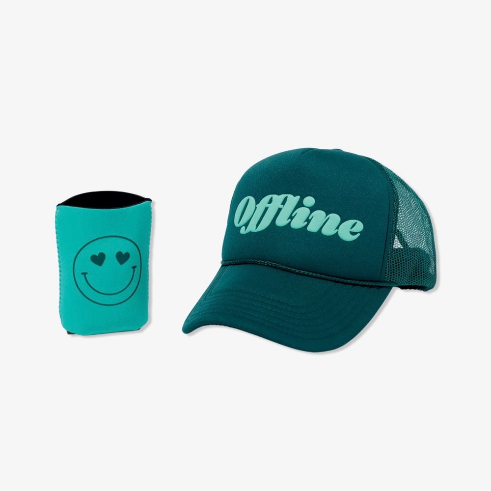 Ulta Beauty Teal "Offline" Trucker Hat with Turquoise Can Cooler